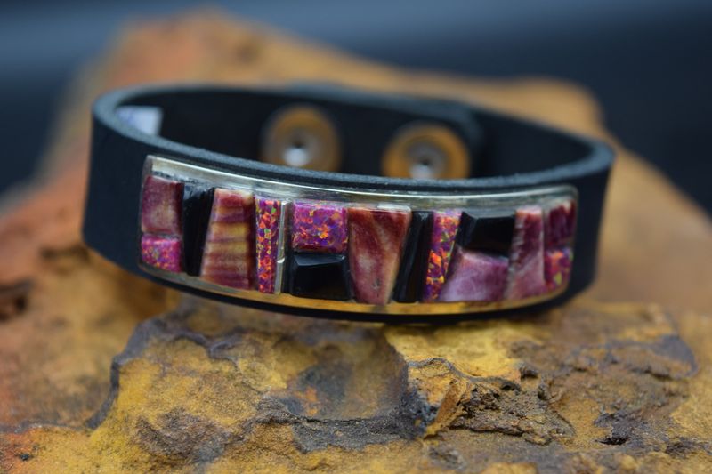 Black Leather Multi Spiny Stone Adjustable Bracelet