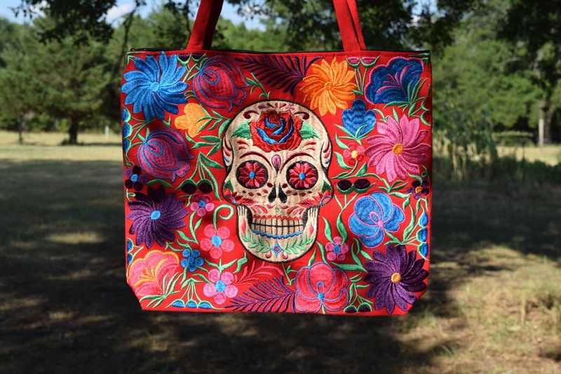 Red Sugar Skull Embroidered Tote