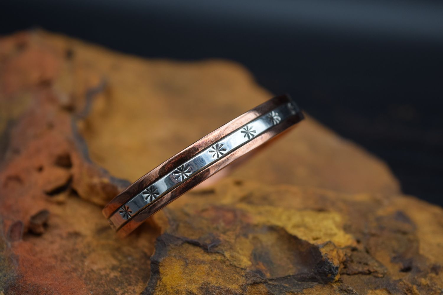 RANDY SECATERO SYLVANA APACHE CANONCITO BAND OF NAVAJO COPPER SILVER CUFF [6&quot;], Color: Style A | Stars
