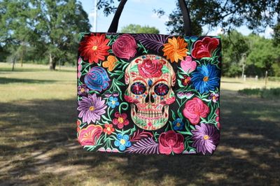 Black Sugar Skull Embroidered Tote