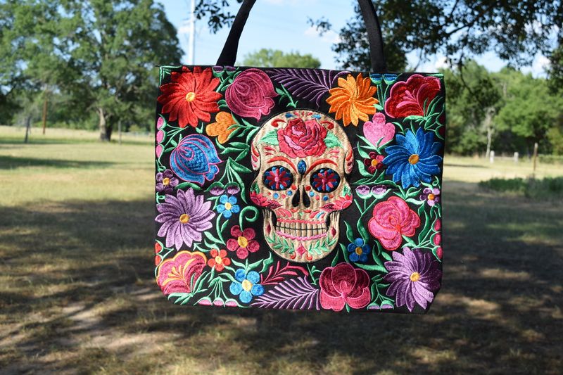 Black Sugar Skull Embroidered Tote