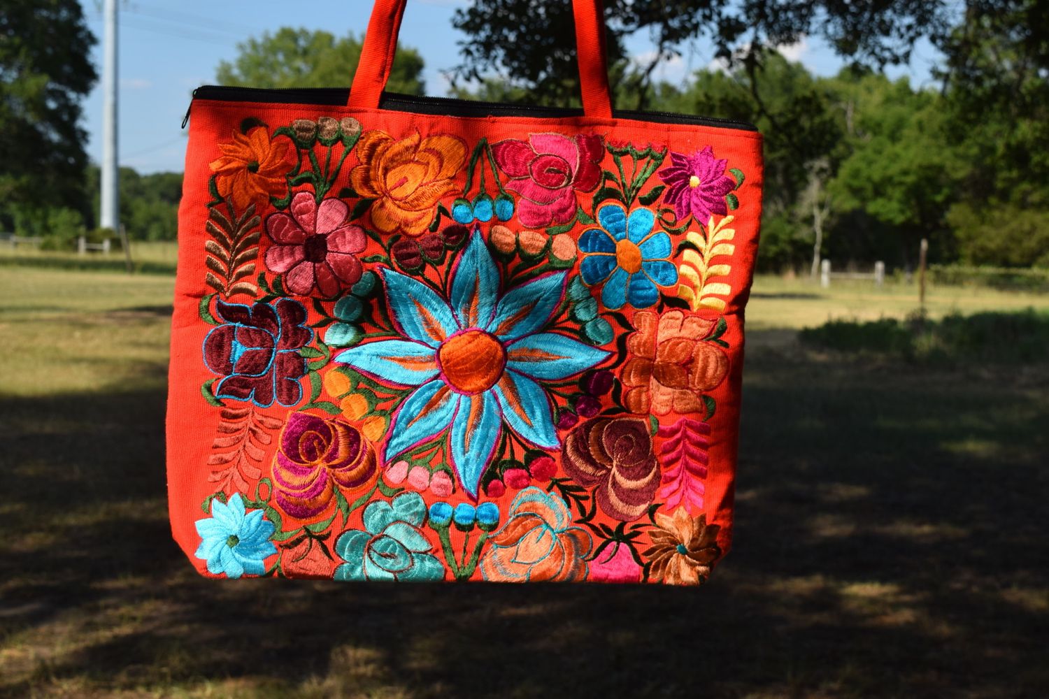 Orange Floral Embroidered Tote
