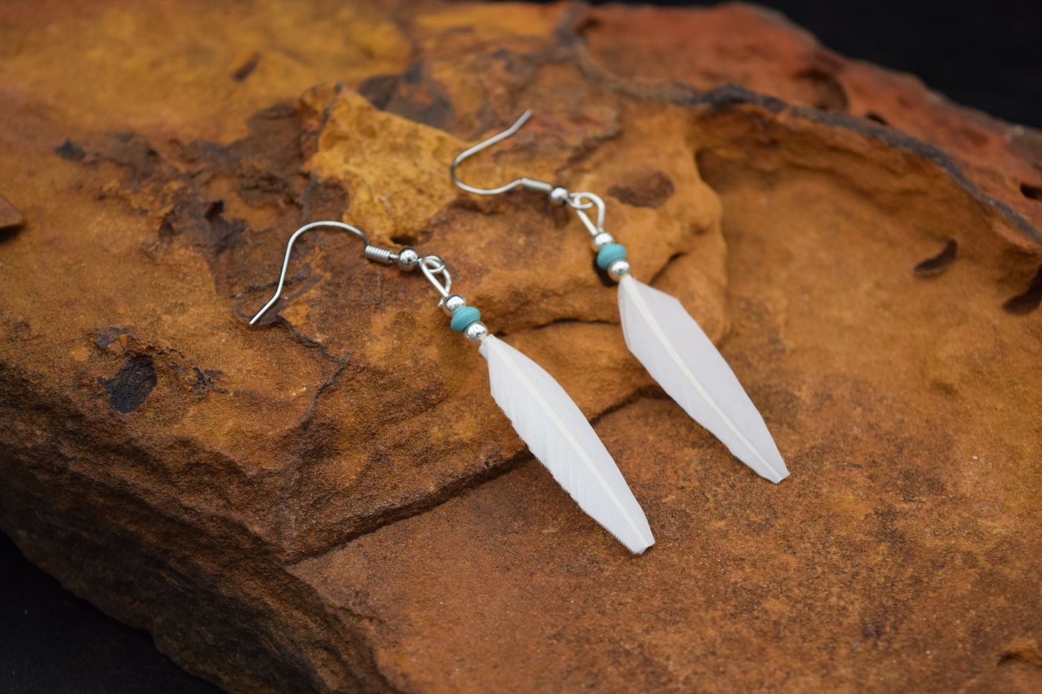 White Feather Turquoise Earrings