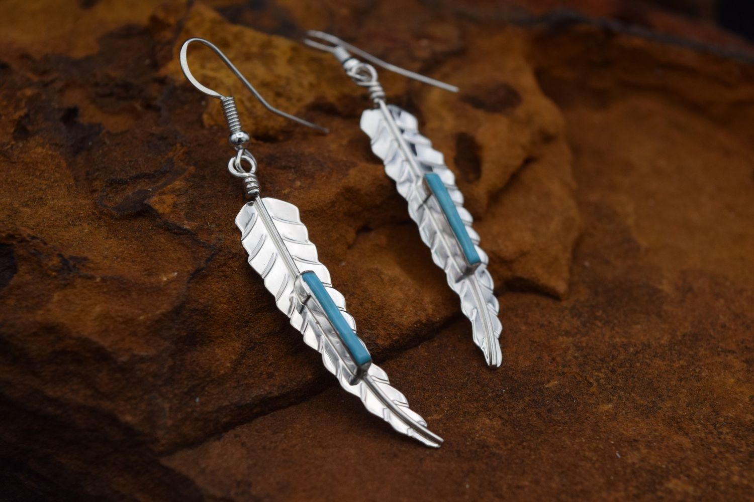 ALLEN BAMEY TURQUOISE FEATHER EARRINGS