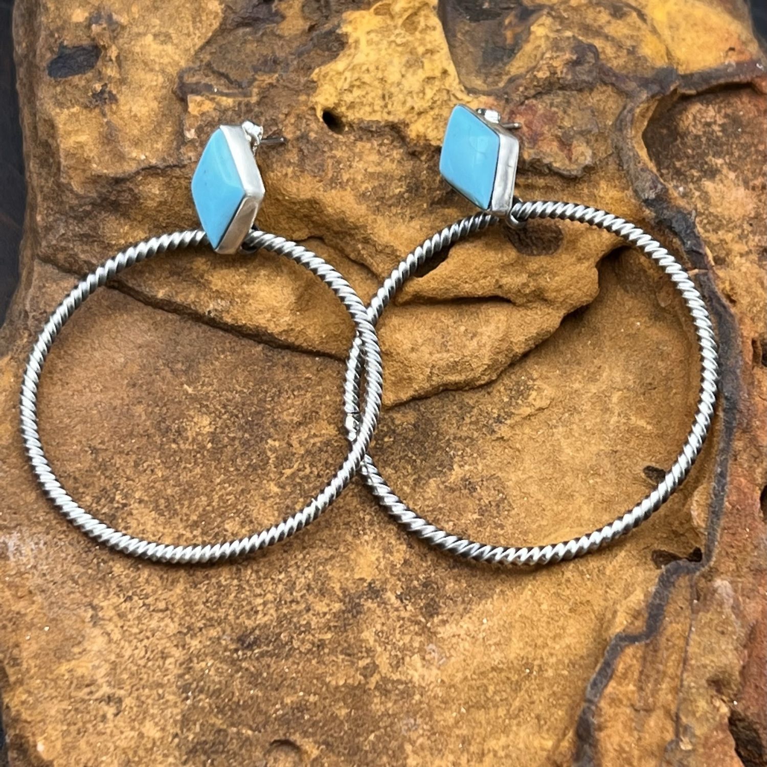 Silver Hoop Earrings w/ Turquoise