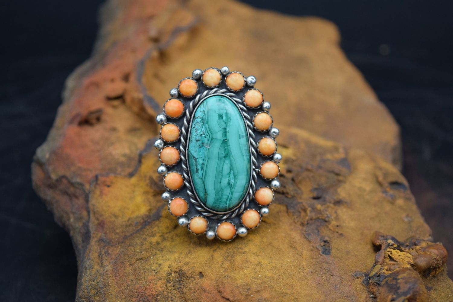 TROY LANHAM ORANGE SPINY AND GREEN ADJUSTABLE RING