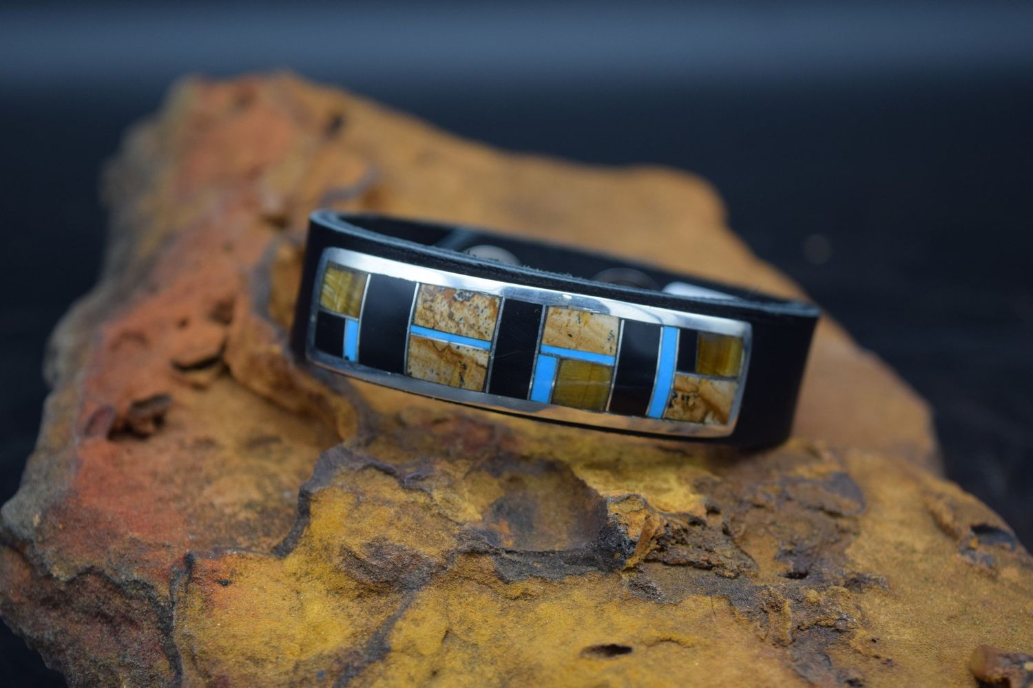 BLACK LEATHER MULTI STONE BRACELET