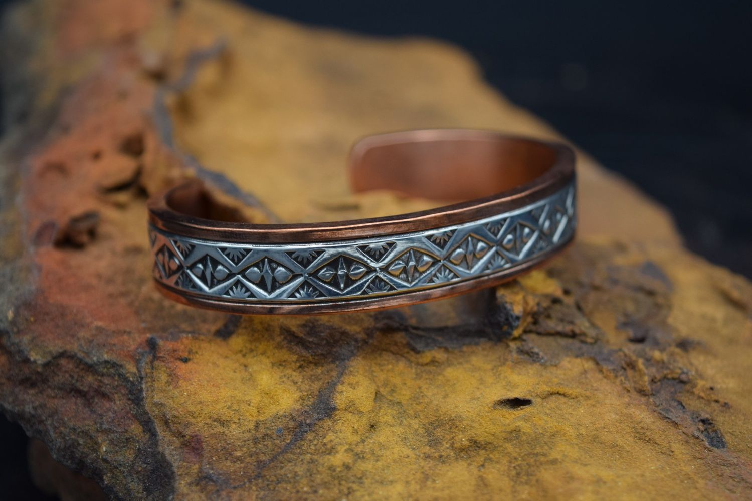 RANDY SECATERO SYLVANA APACHE CANONCITO BAND OF NAVAJO COPPER SILVER CUFF [7.25&quot;]