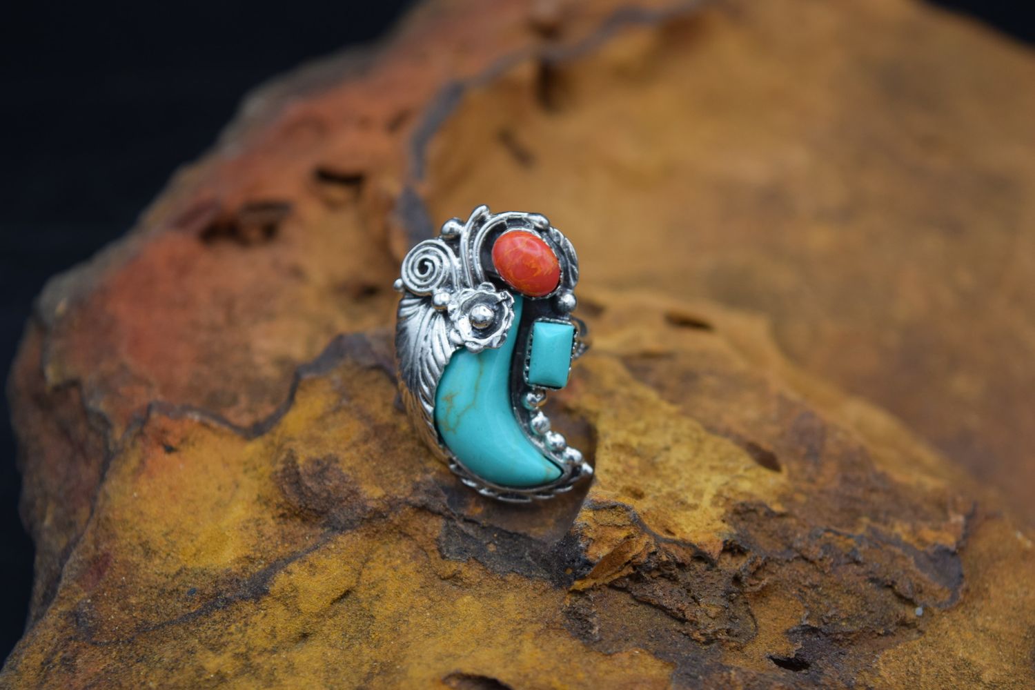 Mexican Silver Coral/Turquoise Ring (Size: 6.5)