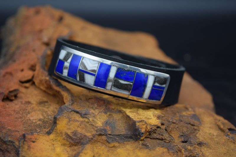 BLACK LEATHER LAPIS AND WILD HORSE BRACELET