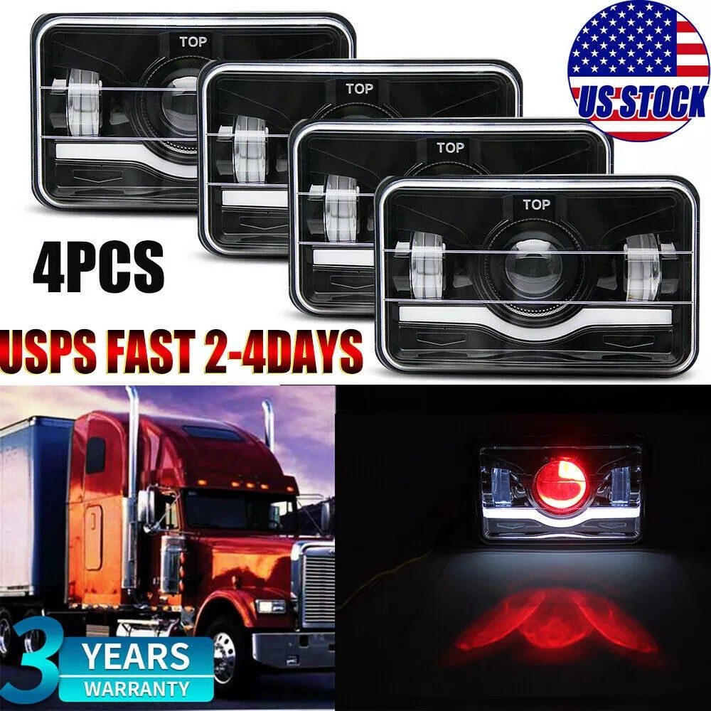 Black LED 4x6&quot; Rectangular Projector Halo LED Headlights High Low Beam DRL Lamp