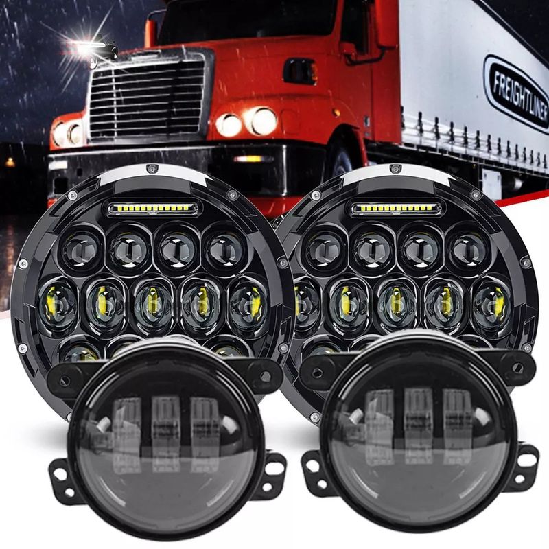 7" LED Projector Headlight & 4" Fog Light Combo For Freightliner Century Class – Black Housing