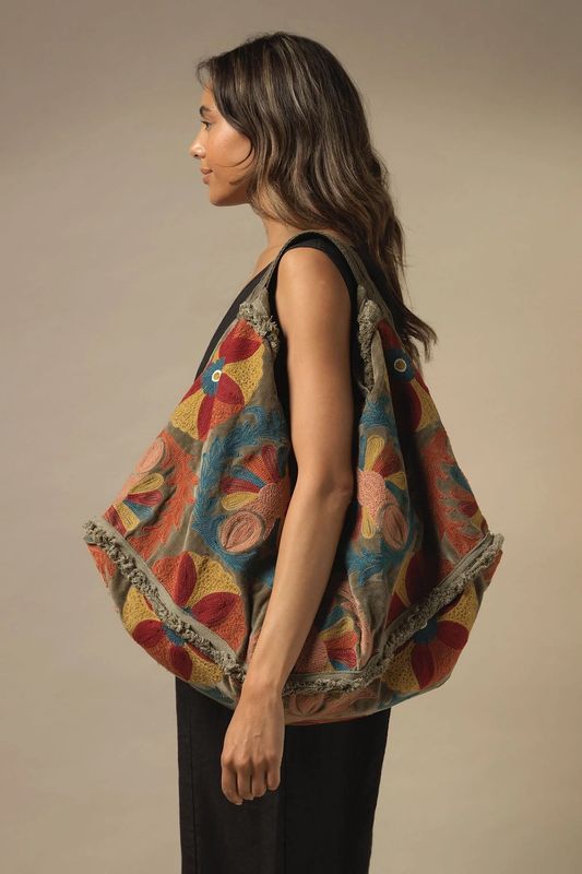 Bag Large Slouch Embroidered Velvet Mink