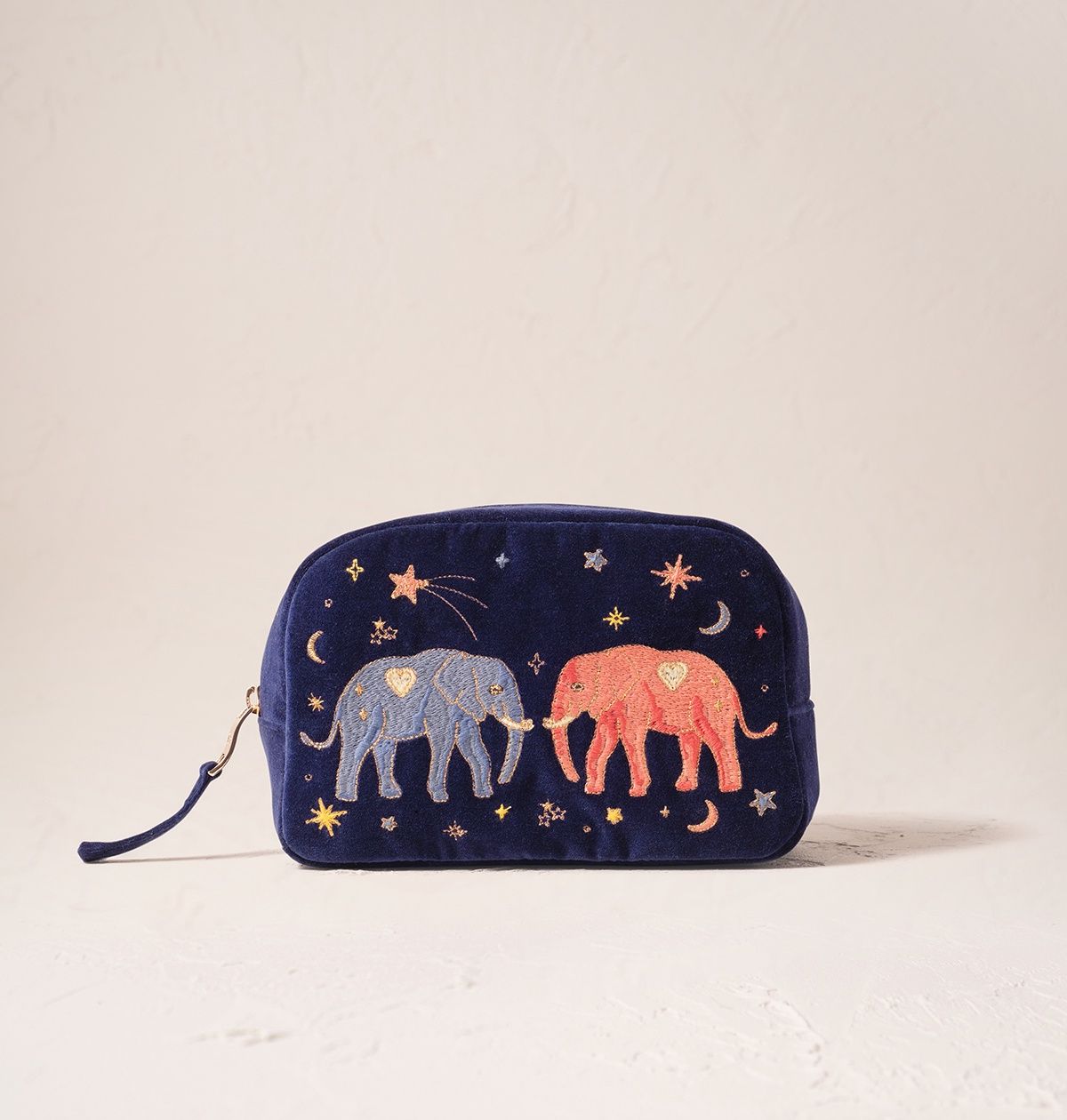Celestial Elephant Navy Velvet Makeup Bag