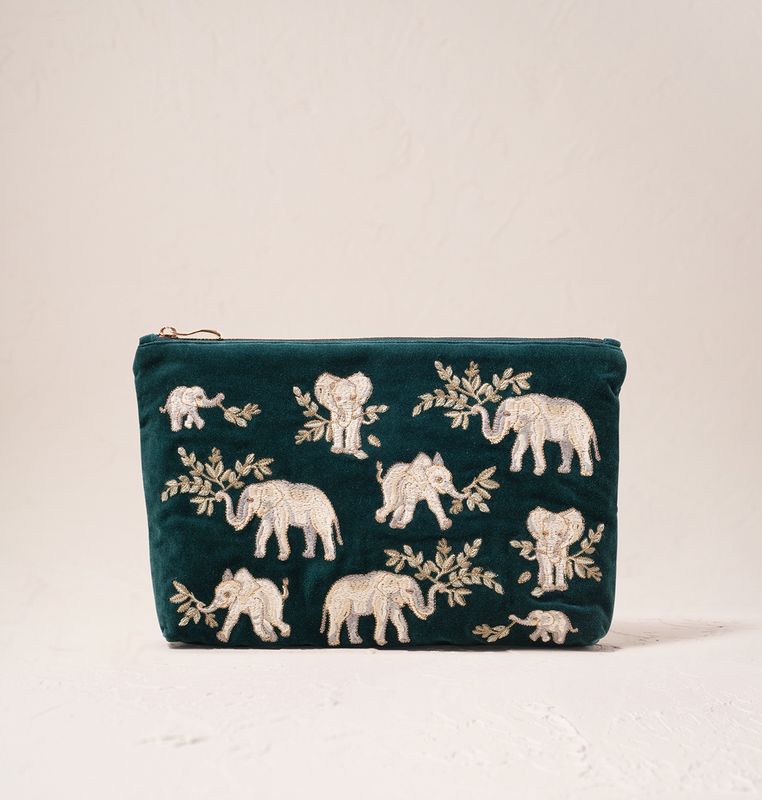 Elephant Herd Emerald Velvet Everyday Pouch