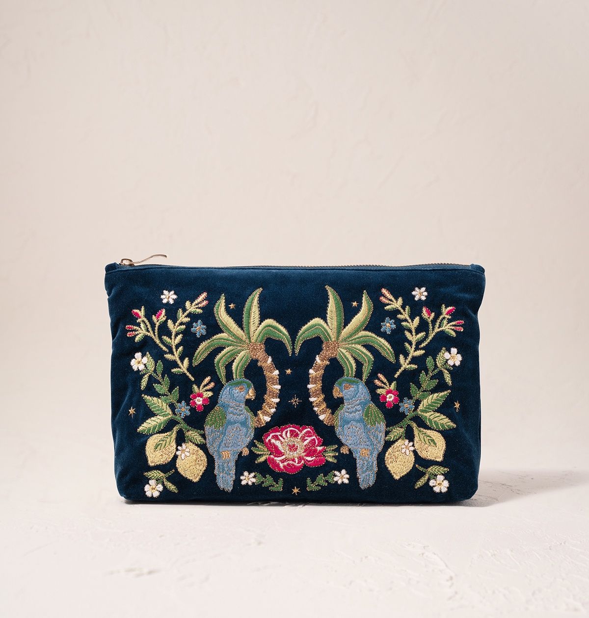 Tropical Parrot Ink Blue Velvet Everyday Pouch / 20x30cm