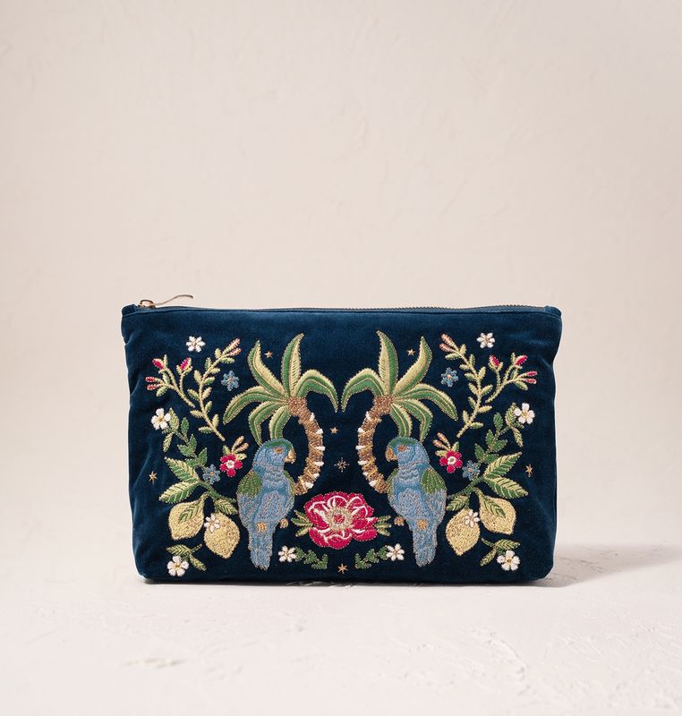 Tropical Parrot Ink Blue Velvet Everyday Pouch / 20x30cm