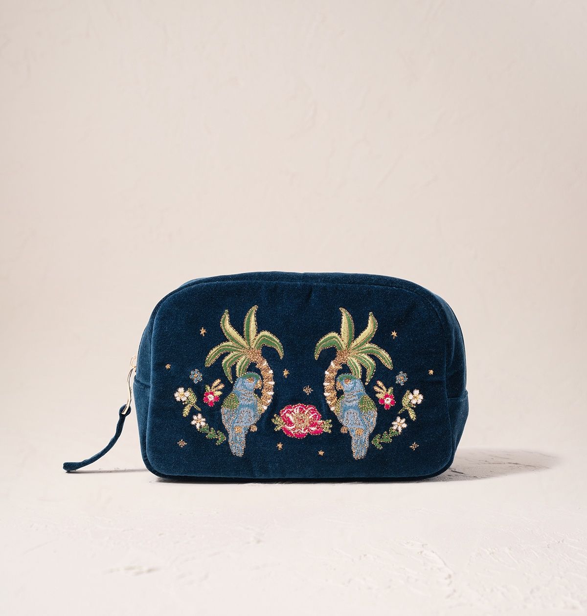 Tropical Parrot Ink Blue Velvet Make-up Bag/13x20cm