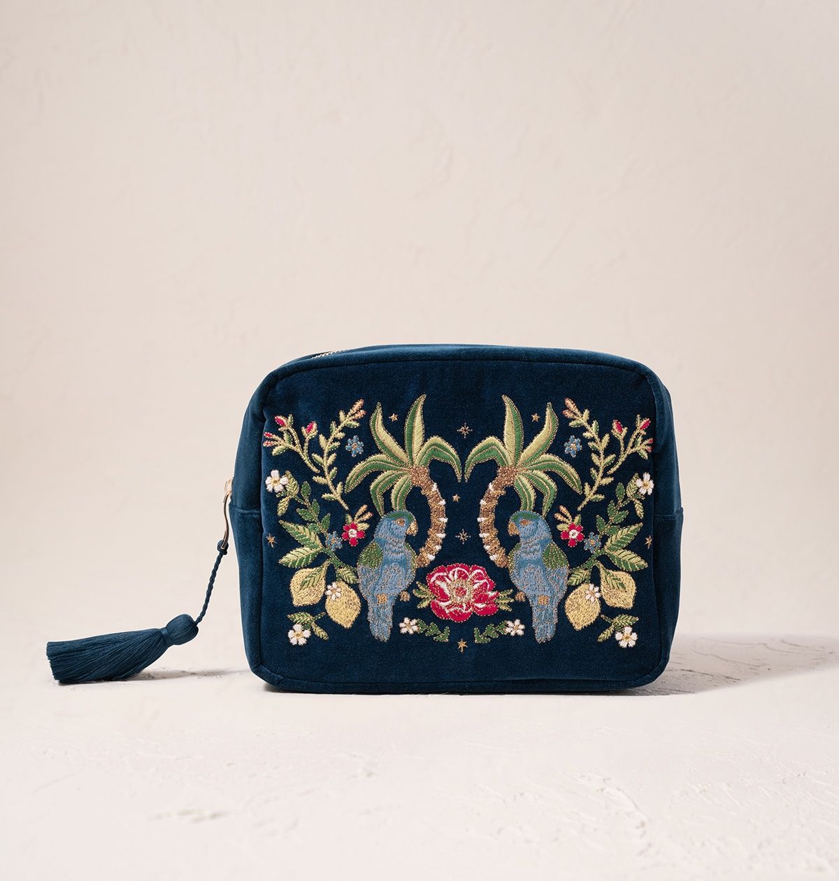 Tropical Parrot Ink Blue Velvet Washbag