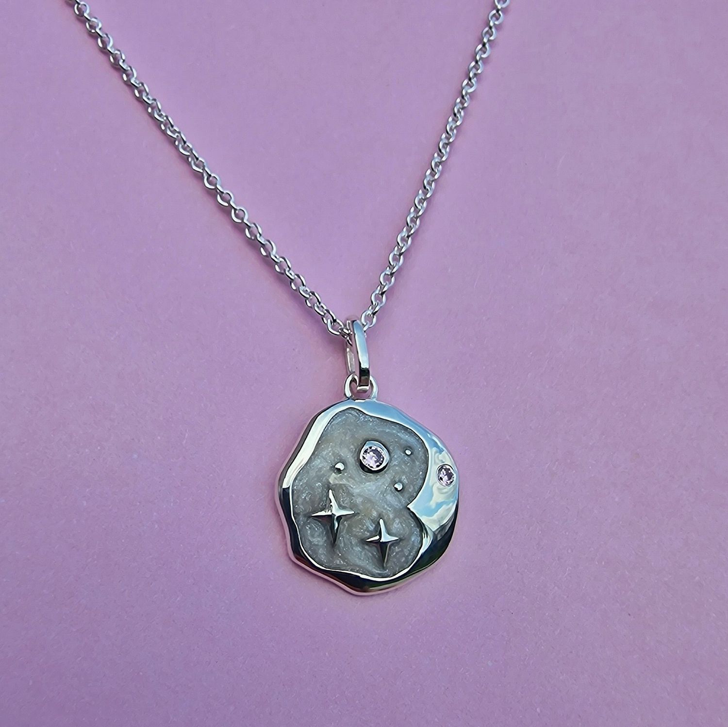 PINK OPAL AND PEARL ENAMEL STARRY NIGHT NECKLACE / Congo, Colour: Silver