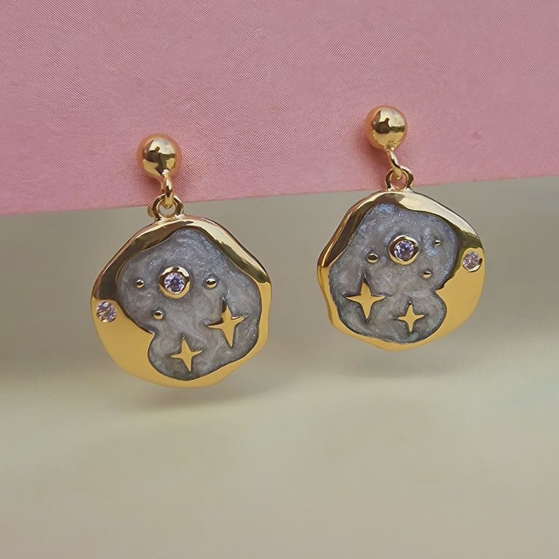 PINK OPAL AND PEARL ENAMEL STARRY NIGHT STUDS GOLD / Congo
