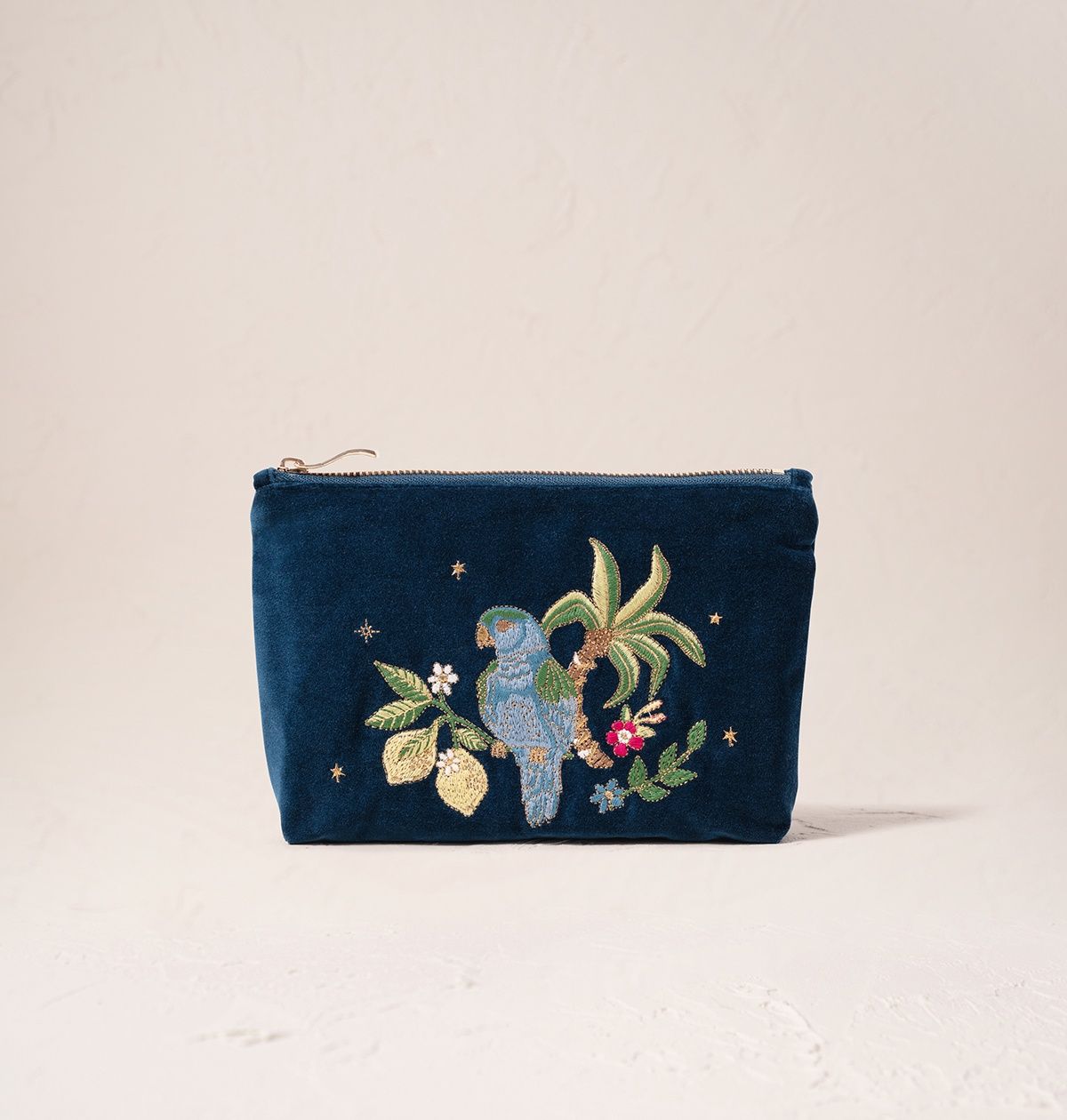 Jungle Paradise Parrot Ink Blue Velvet Mini Pouch / 16x23cm