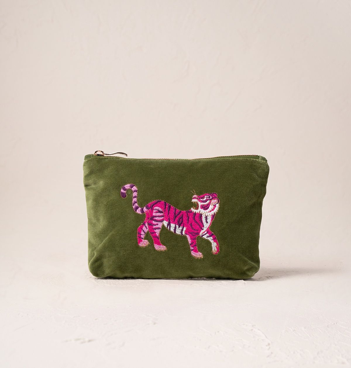 Wild Tiger Fern Green Velvet Mini Pouch / 16x23cm