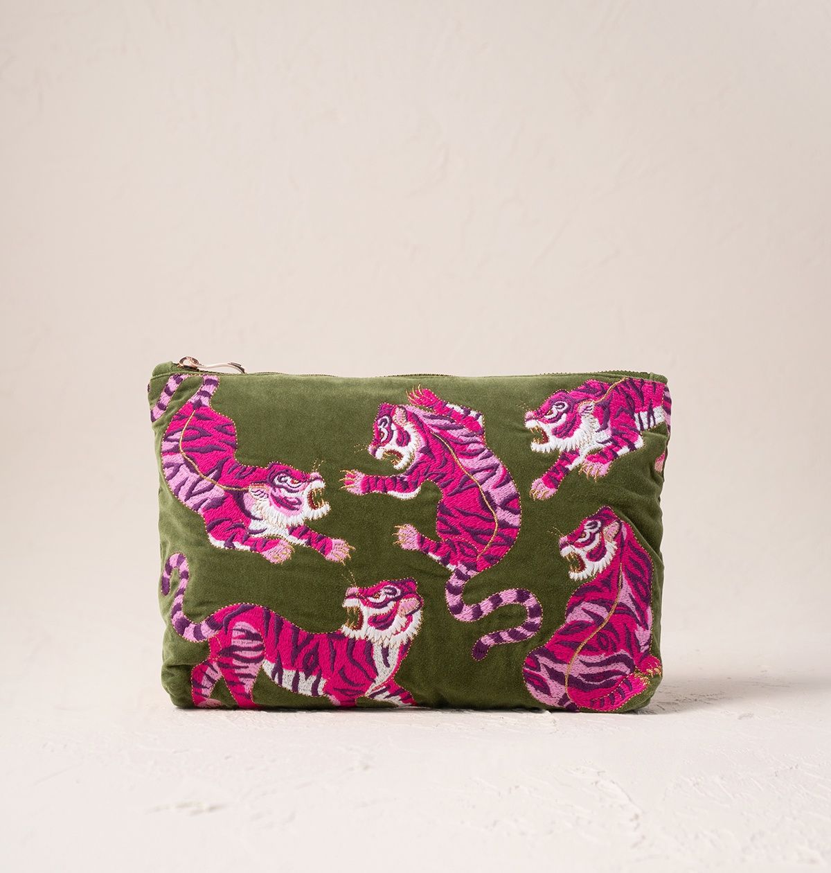 Wild Tiger Fern Green Velvet Everyday Pouch / 20x30cm