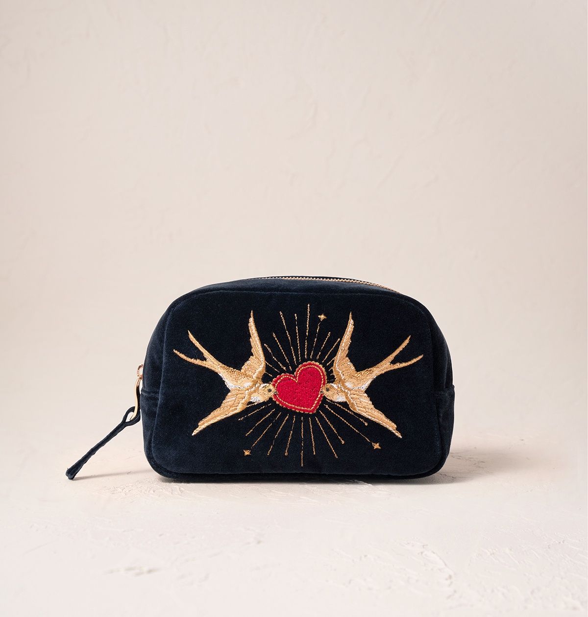 Swallow Heart Charcoal Velvet Makeup Bag