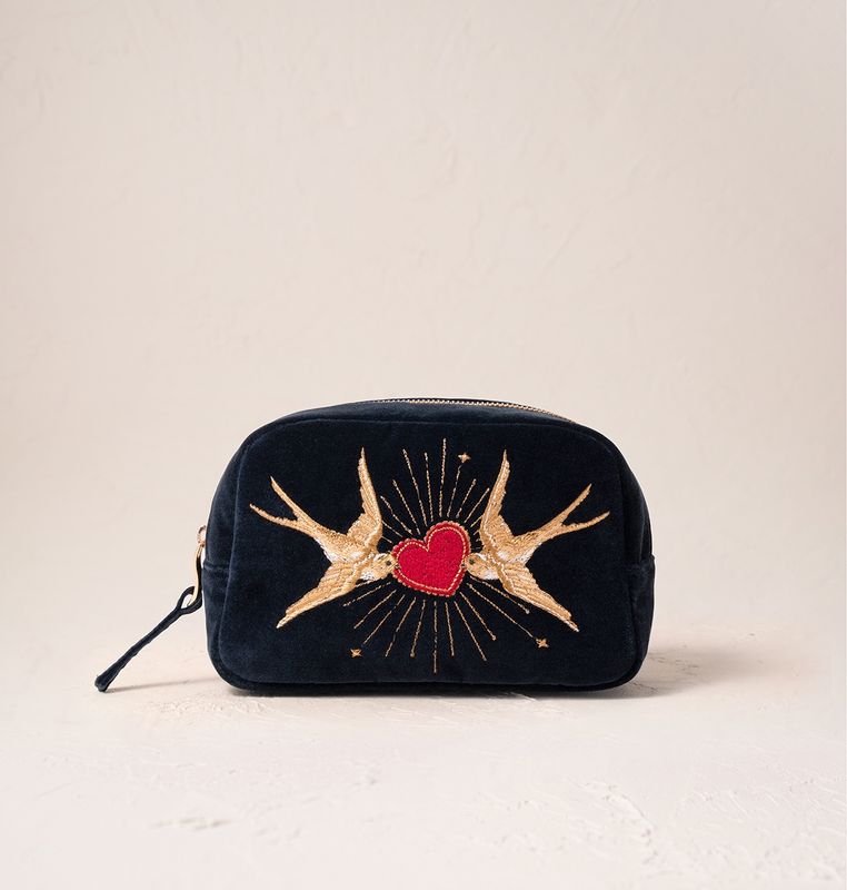 Swallow Heart Charcoal Velvet Makeup Bag