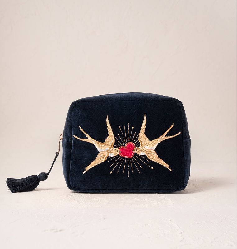 Swallow Heart Charcoal Velvet Wash Bag