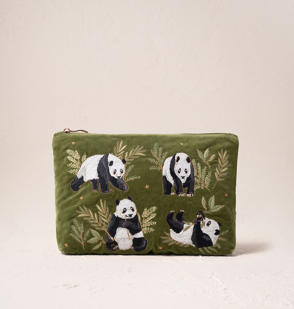 Pandas Fern Green Velvet Everyday Pouch / 20x30cm