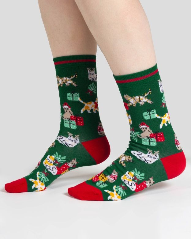 Christmas Kitty Bamboo Gift Sock Box - Green