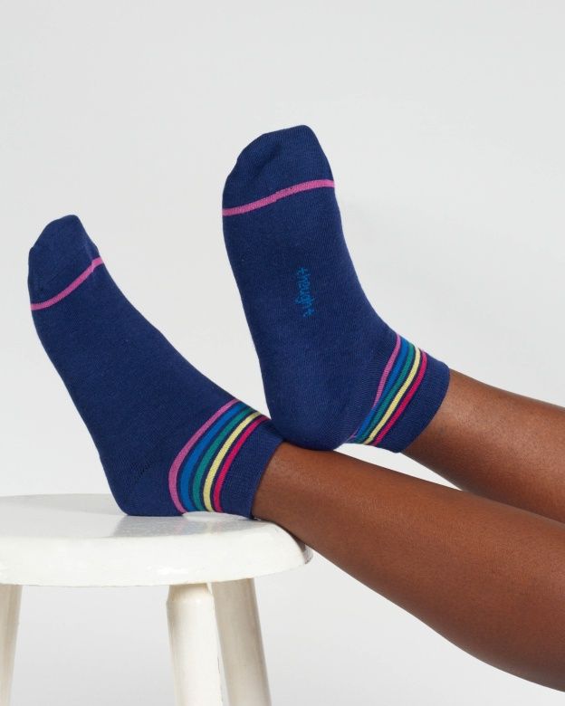 Rainbow Stripe Tipped Short Bamboo Ankle Socks - Blue