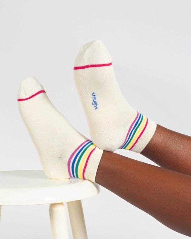 Rainbow Stripe Tipped Short Bamboo Ankle Socks - Cream Rainbow