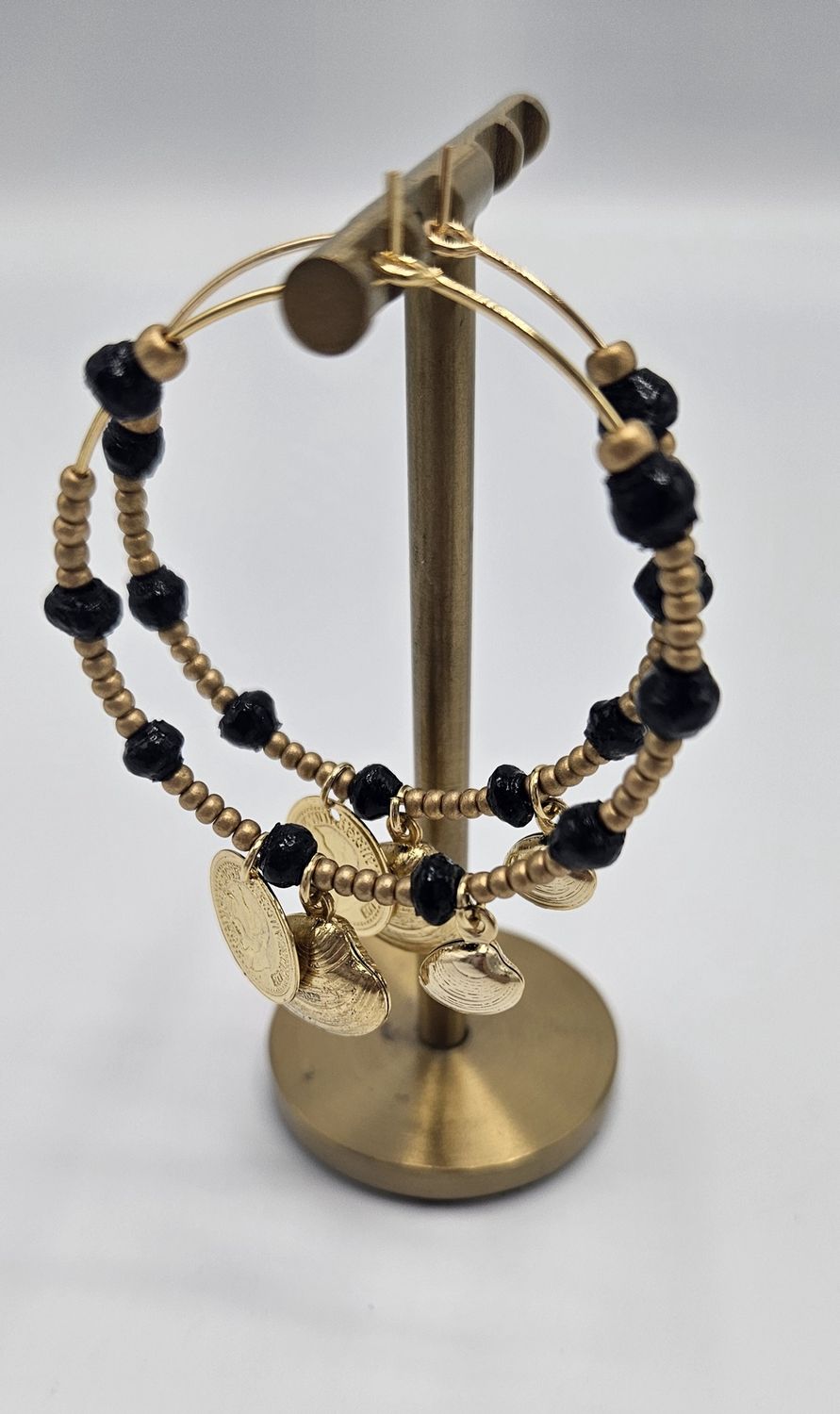 Large Hoop Earrings with gold Coin &amp; Shell charms
