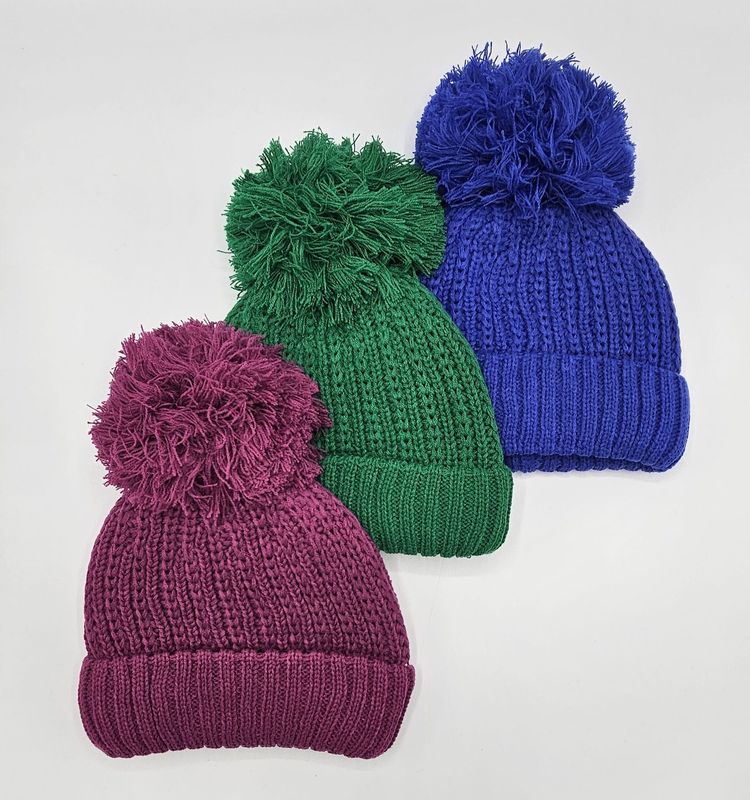3-3315 Bold Colour Knit Hat with Turn Back Brim and Large Yarn Pom