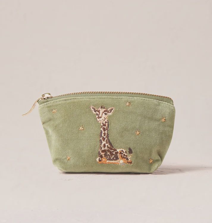 Giraffe Mother &amp; Baby Coin Purse Olive Velvet/ 16x10c