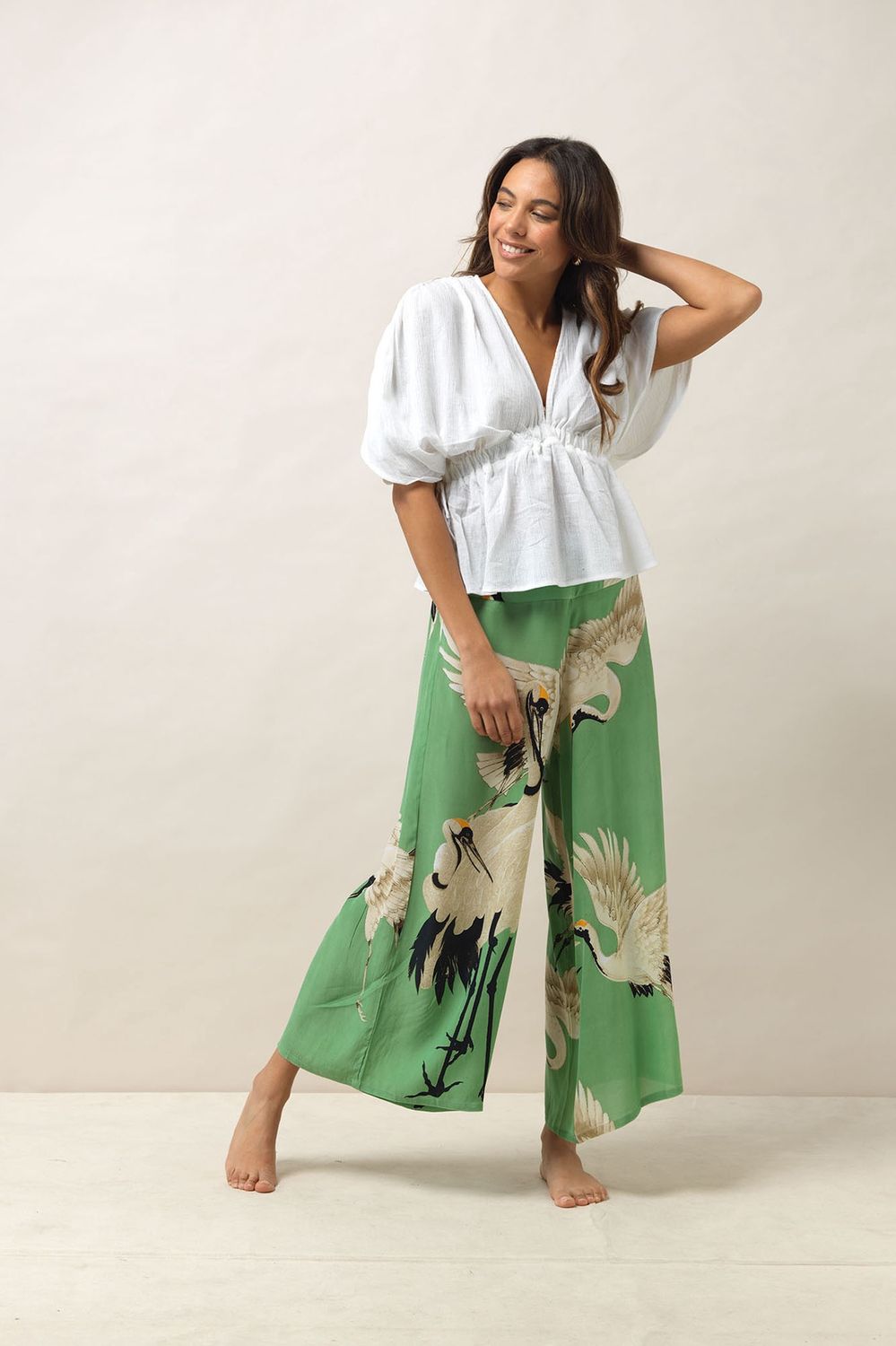 Stork Pea Green Crepe Palazzo Pant S/M