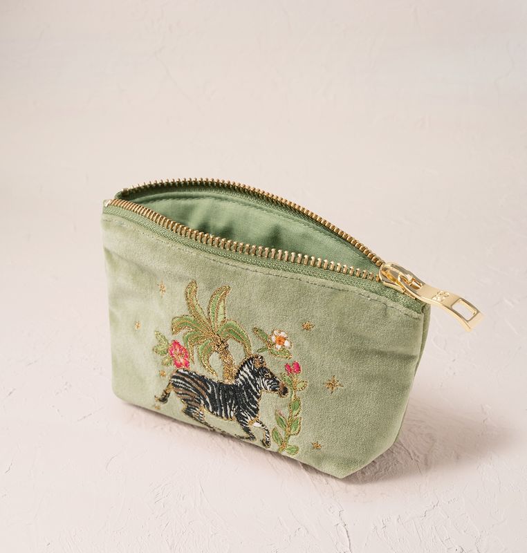 Wild Zebra Palm Olive Velvet Coin Purse