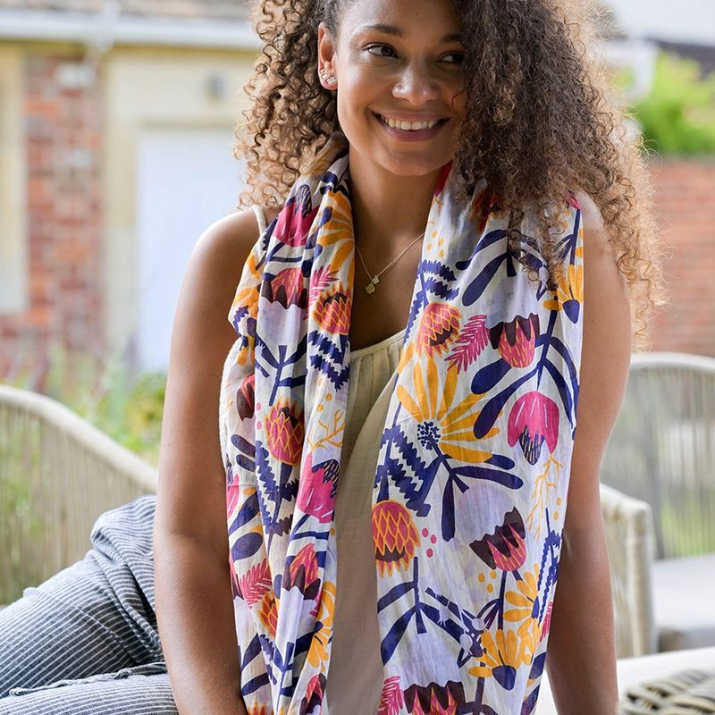 Organic cotton mustard and navy meadow print scarf