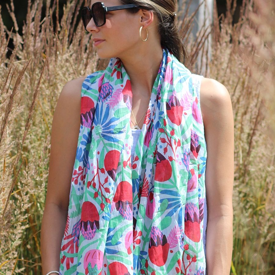 Organic cotton green and pink mix meadow print scarf