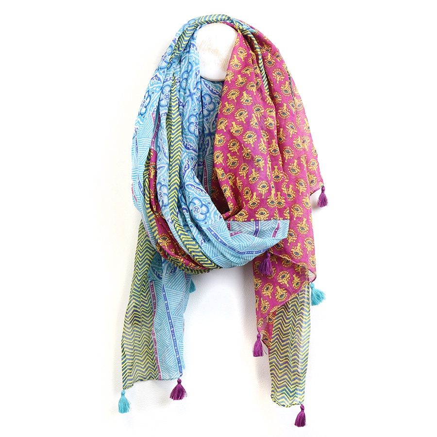 Cotton multi block print scarf in blue red and green