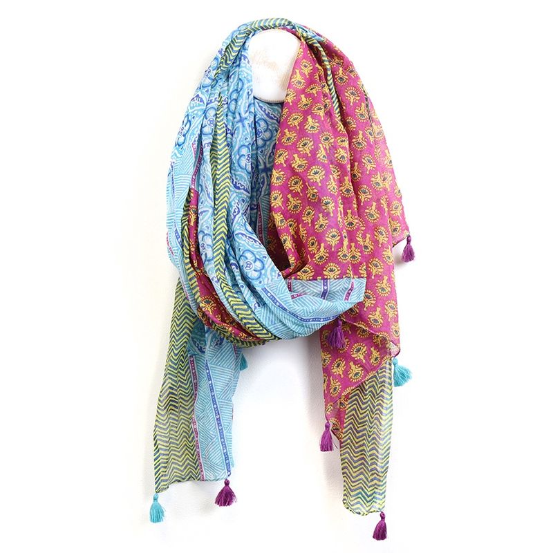 Cotton multi block print scarf in blue red and green