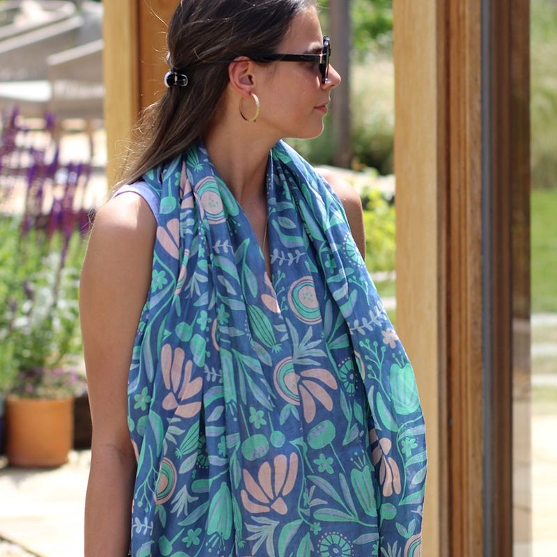 Organic cotton dusky teal abstract meadow print scarf