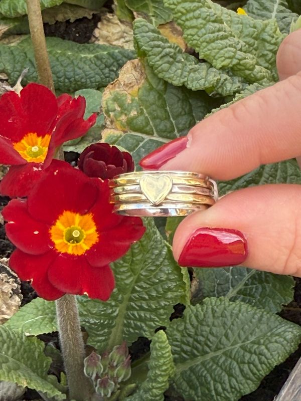 NADAIR Silver ring, brass heart on silver band &amp; 2 brass bands