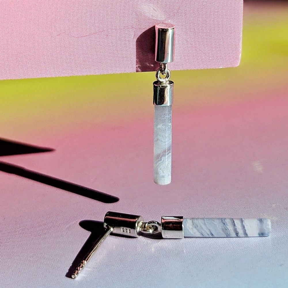 Blue Lace Agate Sterling Silver Drop Bar Earrings
