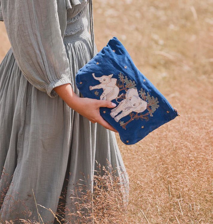 Baby Elephant Conservation Navy Velvet Everyday Pouch / 20x30cm