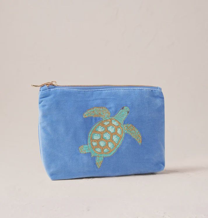 Swimming Turtle Caribbean Blue Velvet Mini Pouch