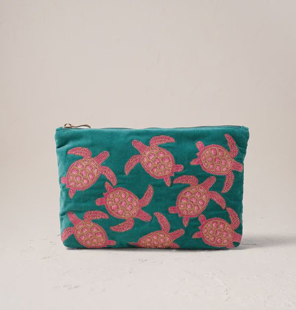 Turtle Conservation Teal Jade Velvet Everyday Pouch